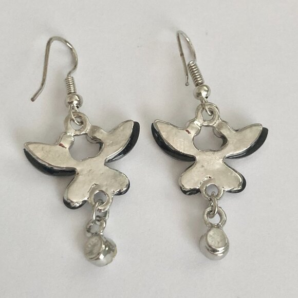 Vintage Metallic Gray Butterfly Earrings Silver Tone Crystal Acrylic Drop Dangle - Picture 4 of 7